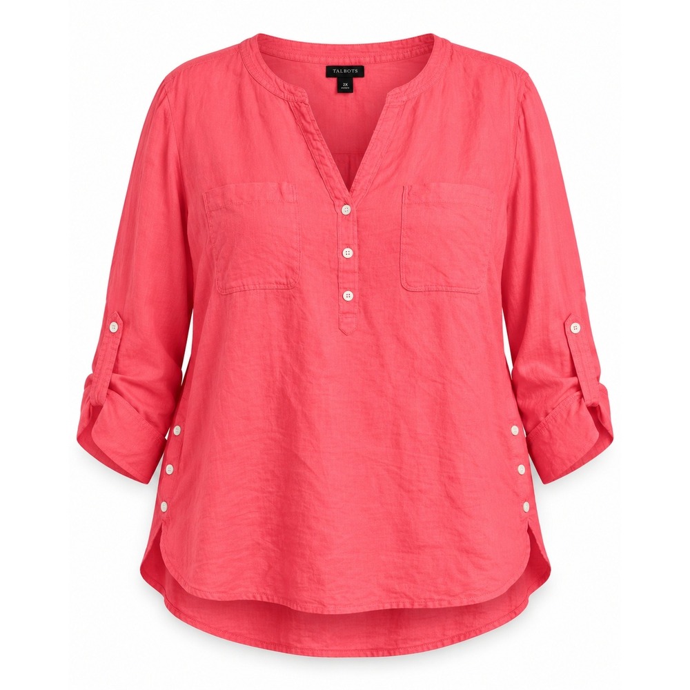 Talbots Linen Tunic Top 2X Coral Pink Roll Tab Sleeve Button Side Popover Blouse